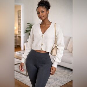 LOFT Cream Cropped V-Neck Button Cardigan